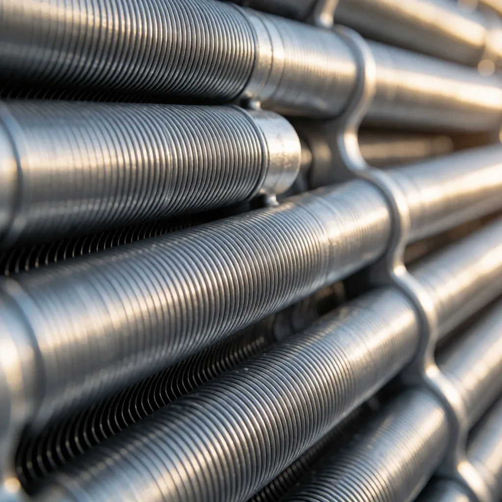Detalj aluminijumskih lamela klima uređaja pod toplim svetlom